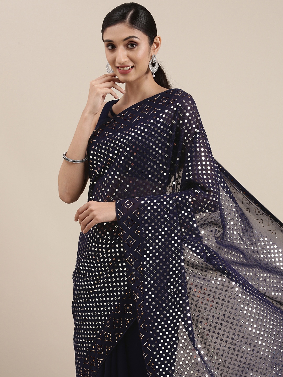 

Mitera Navy Blue Embellished Sequinned Saree