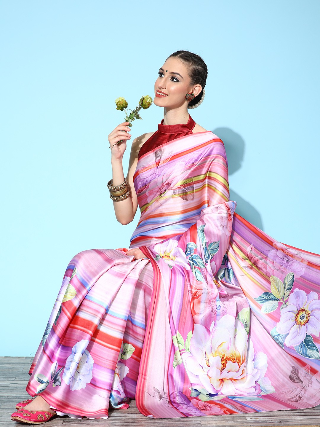 

Saree mall Floral Saree with Solid Border, Pink