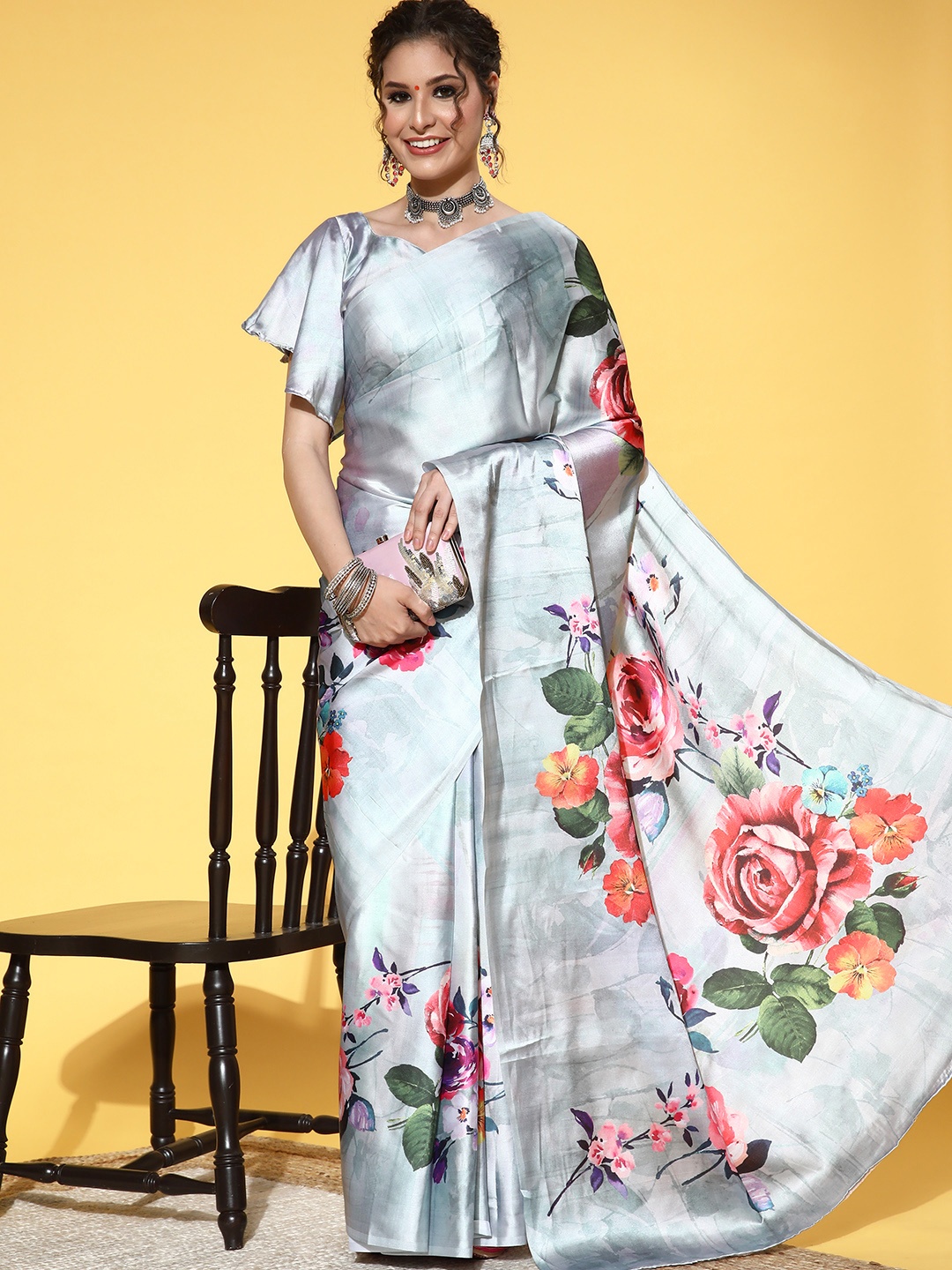 

Saree mall Floral Saree with Solid Border, Blue