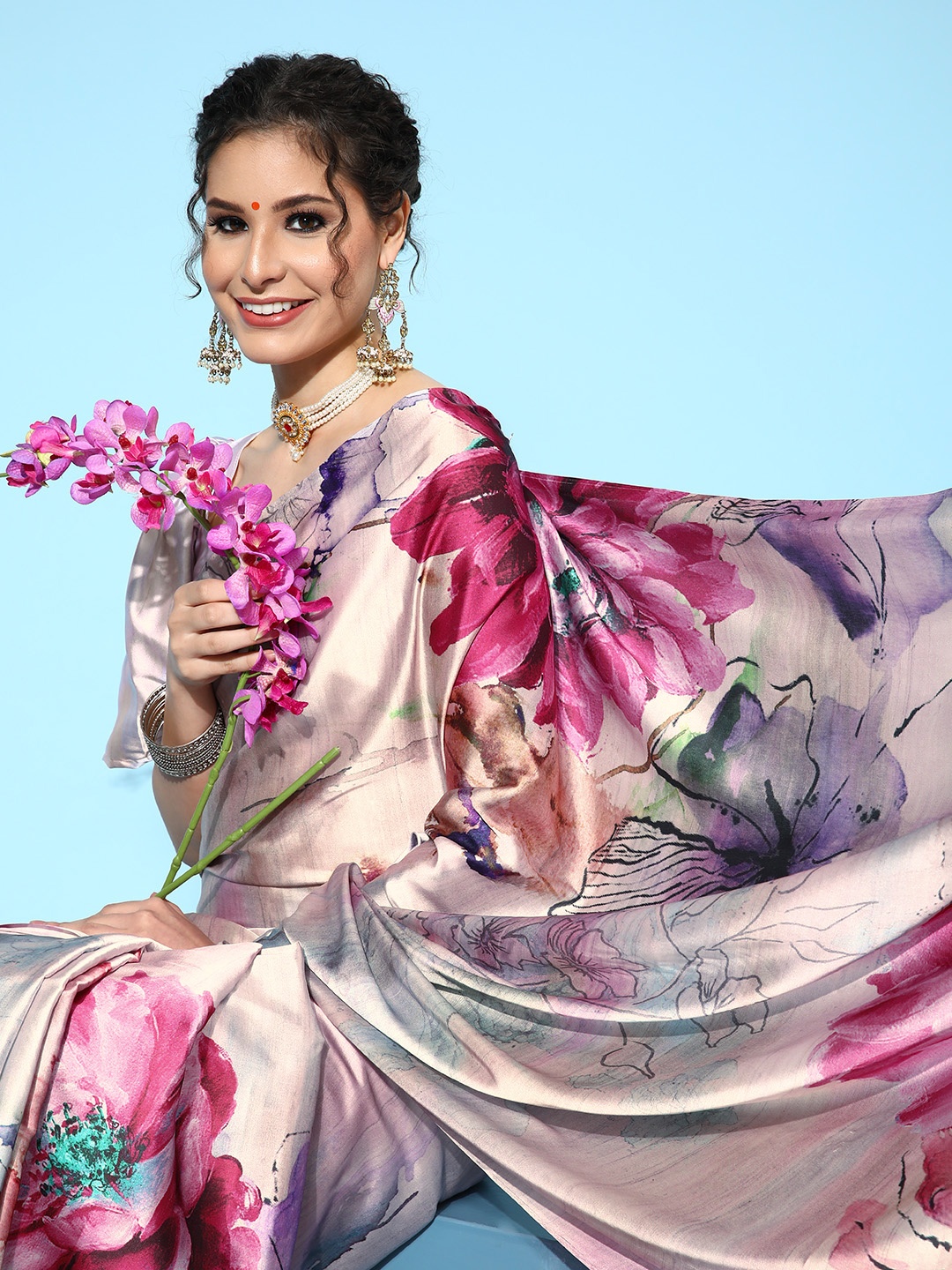 

Saree mall Floral Saree with Solid Border, Pink