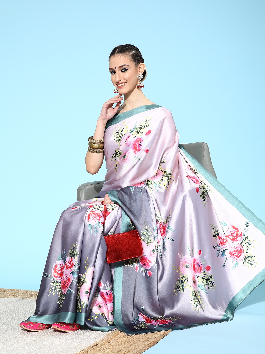 

Saree mall Floral Saree with Solid Border, Charcoal