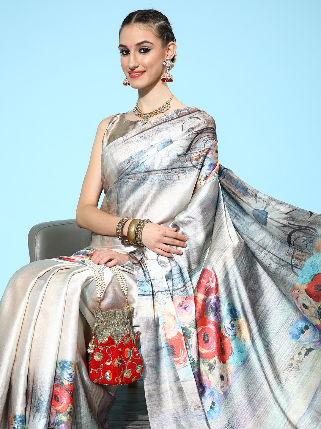 

Saree mall Floral Saree with Solid Border, Cream
