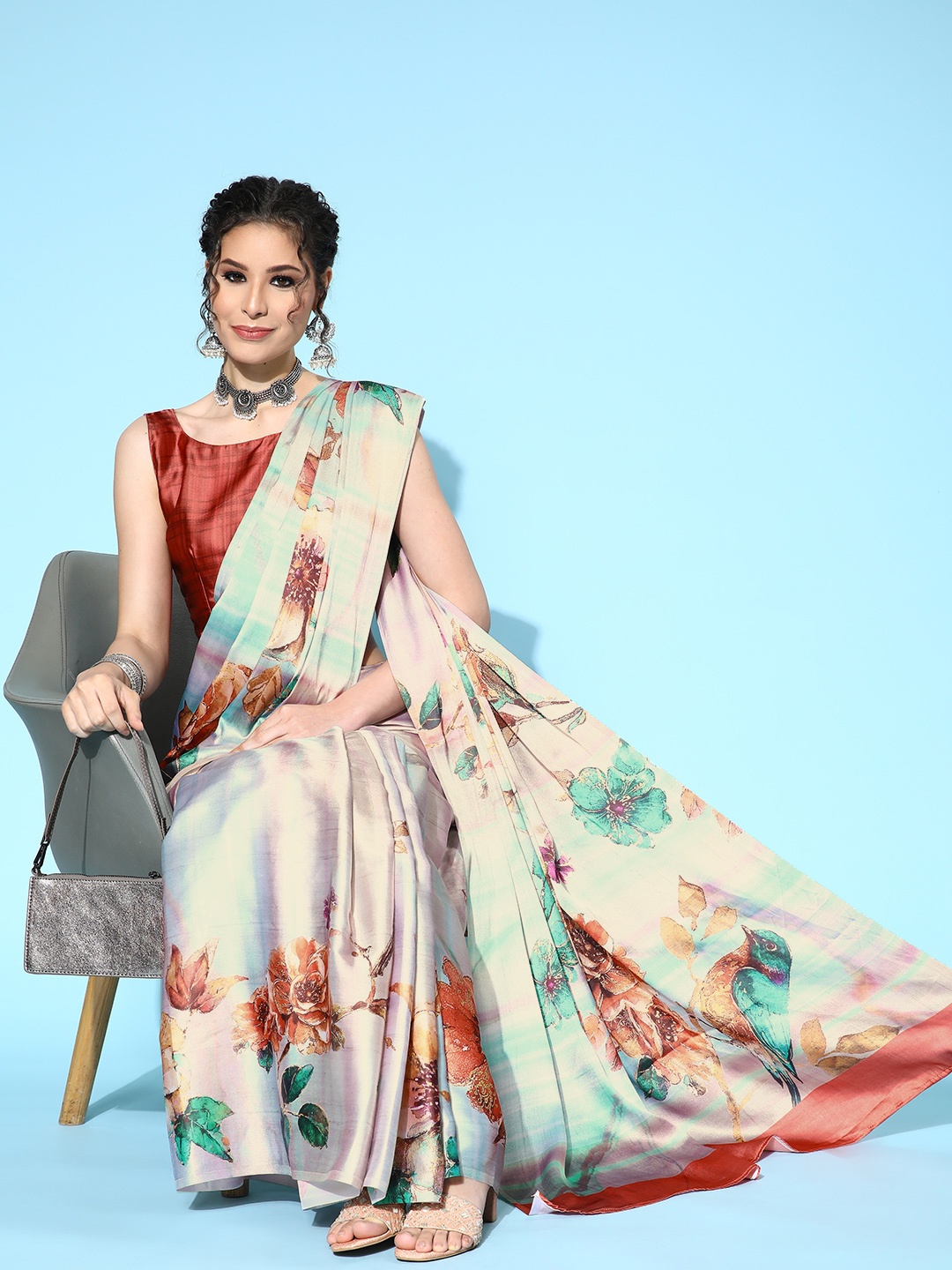 

Saree mall Floral Saree with Solid Border, Cream