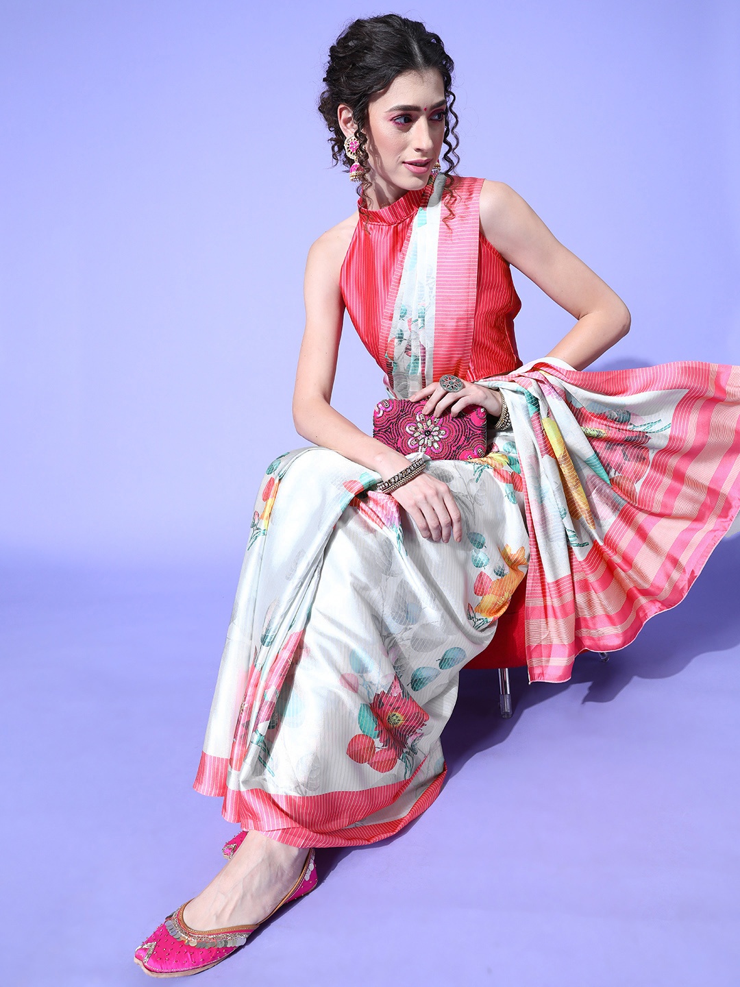 

Saree mall Off White & Pink Floral Sarees