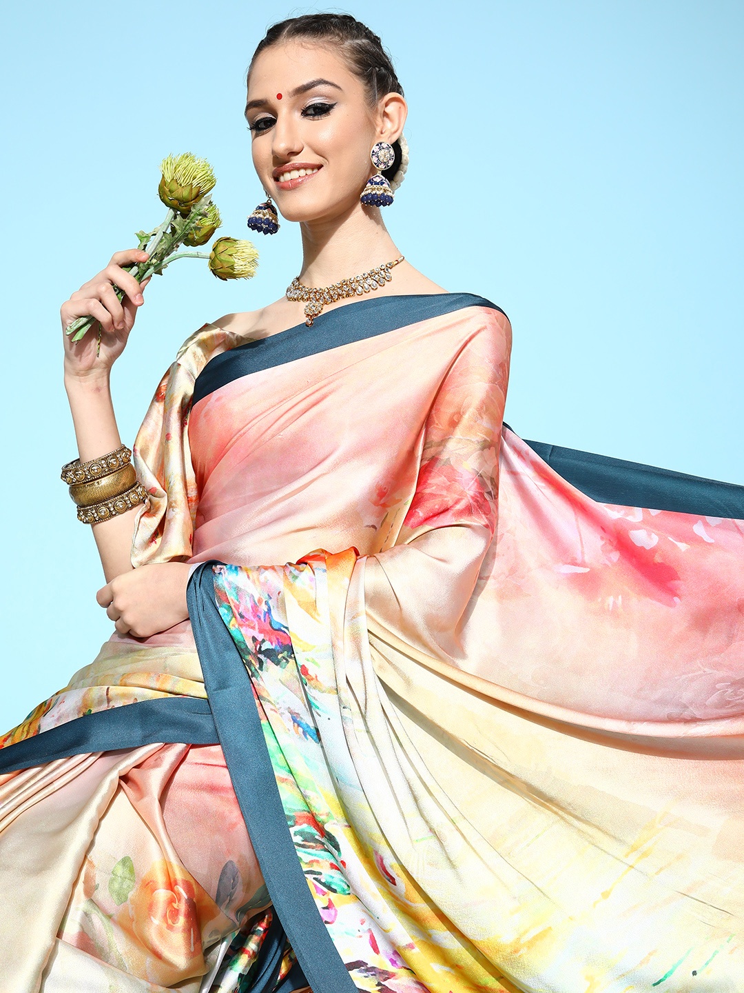 

Saree mall Abstract Saree with Solid Border, Teal