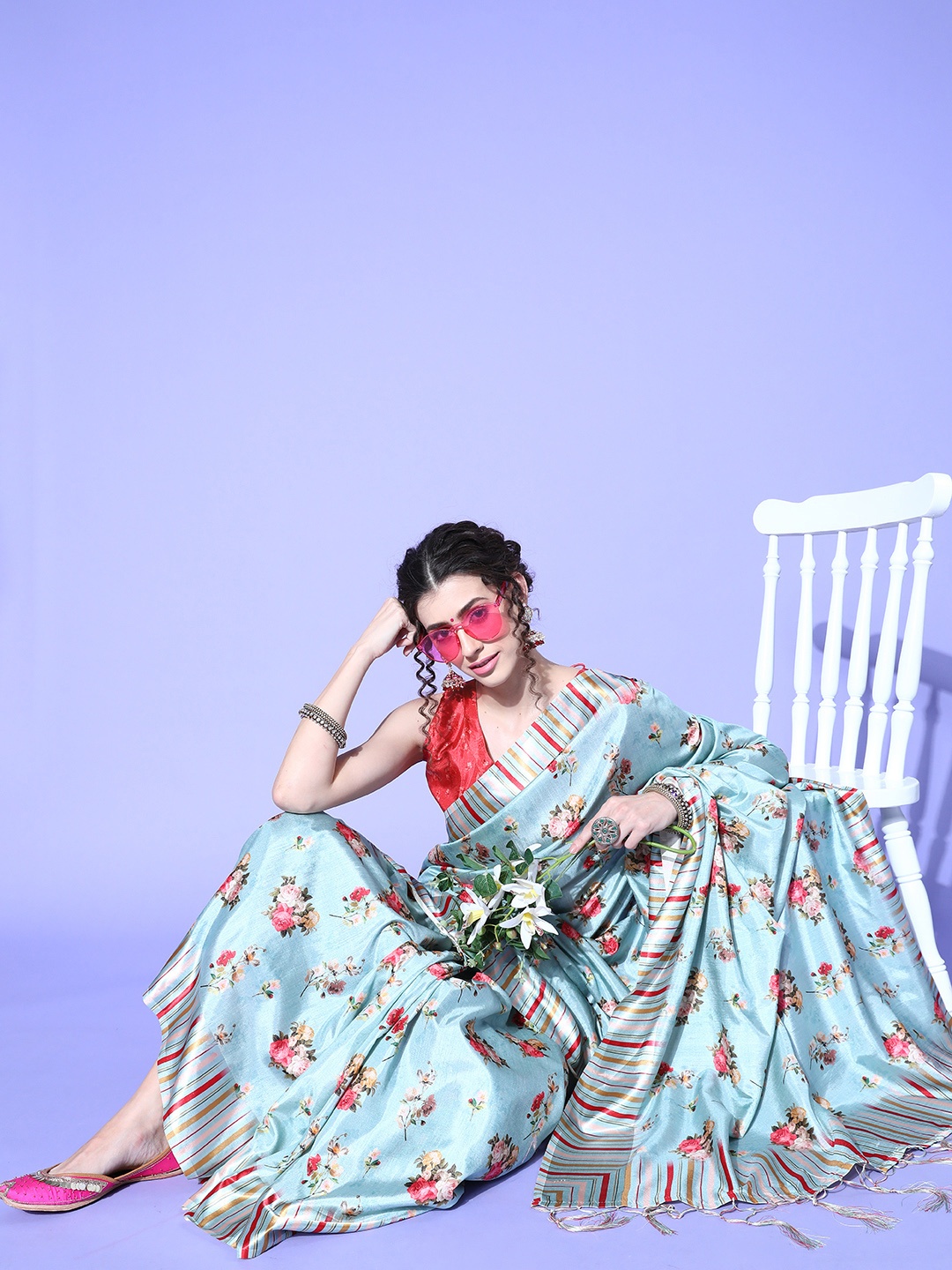 

Saree mall Turquoise Blue & Red Floral Silk Blend Sarees