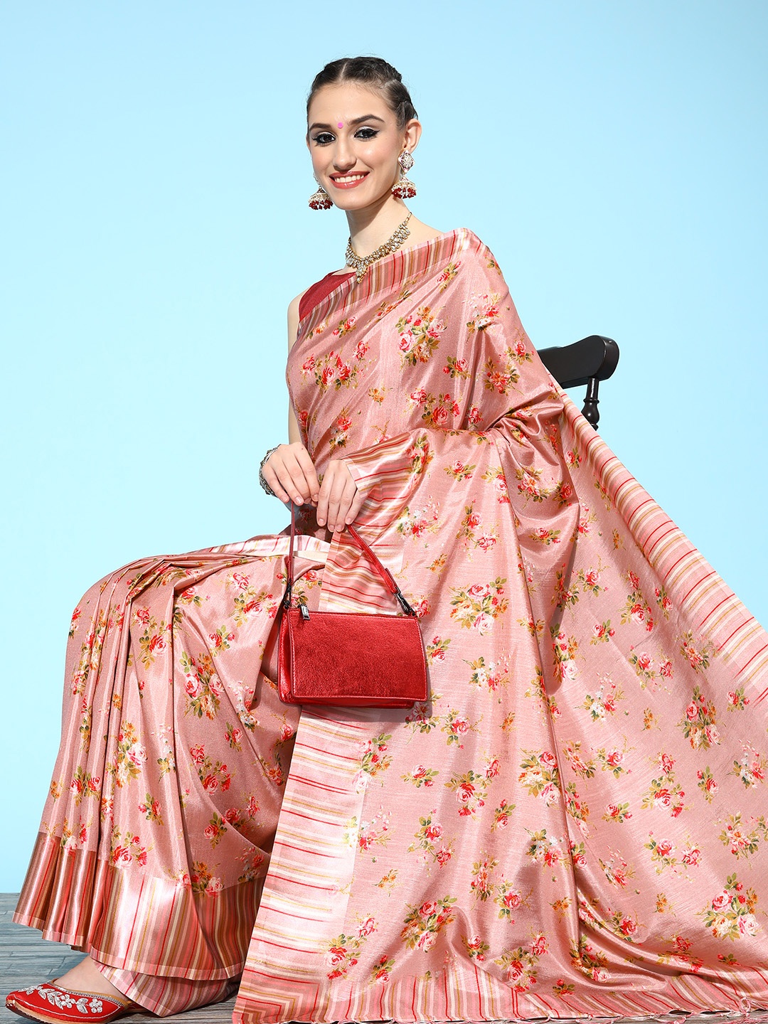 

Saree mall Floral Saree with Printed Border, Pink