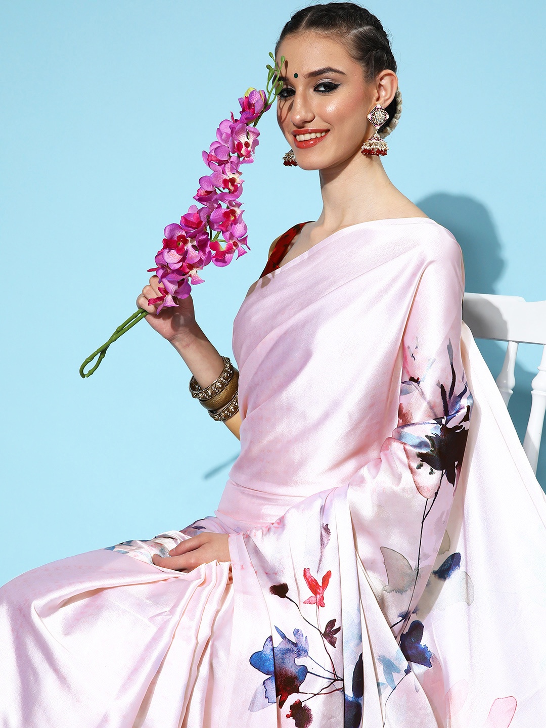 

Saree mall Floral Saree with Printed Border, Pink