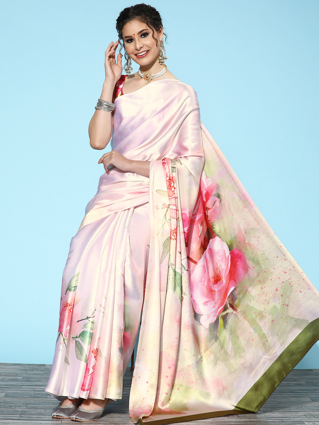 

Saree mall Floral Saree with Printed Border, Pink
