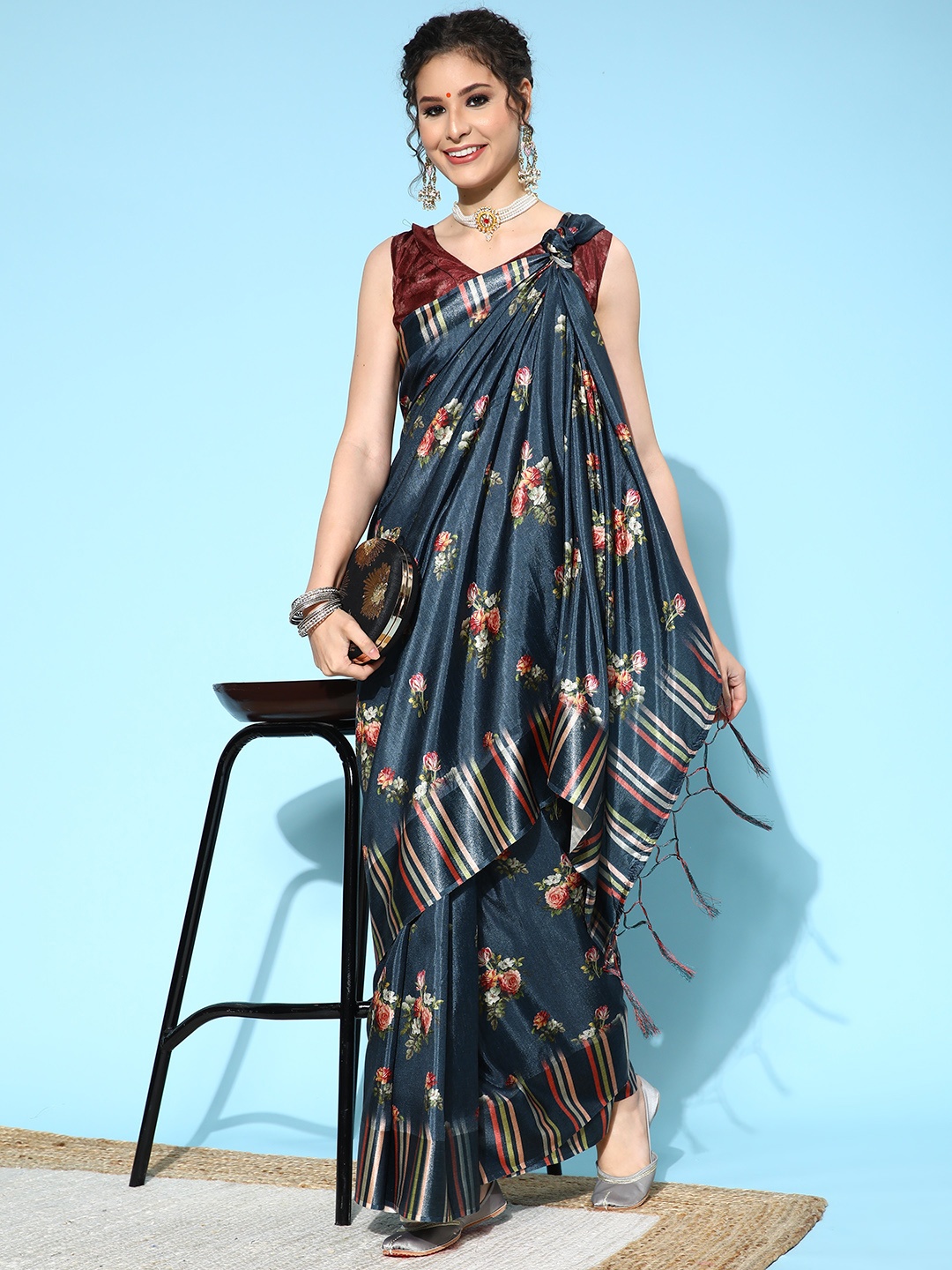 

Saree mall Floral Saree with Printed Border, Teal