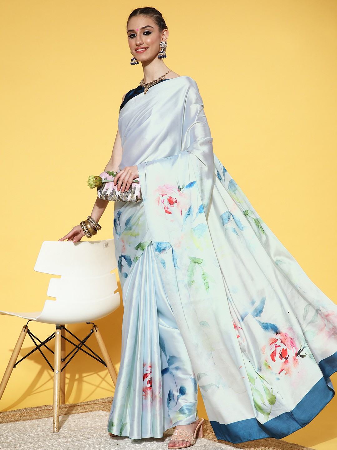 

Saree mall Floral Saree with Printed Border, Blue