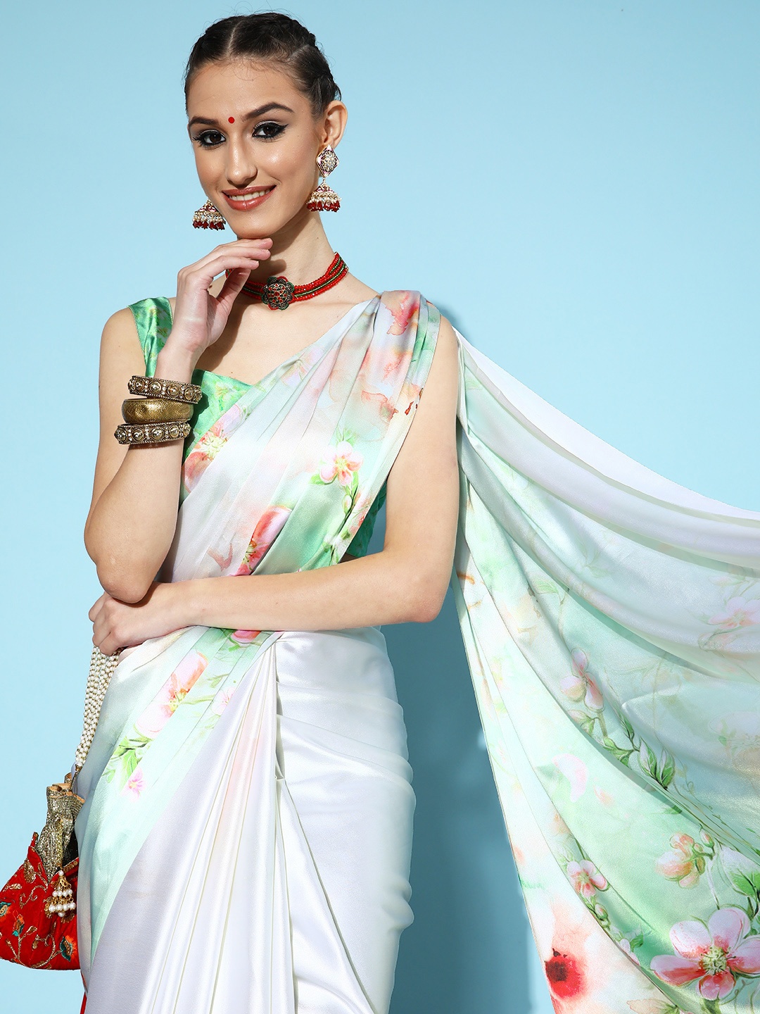 

Saree mall Floral Saree with Printed Border, White