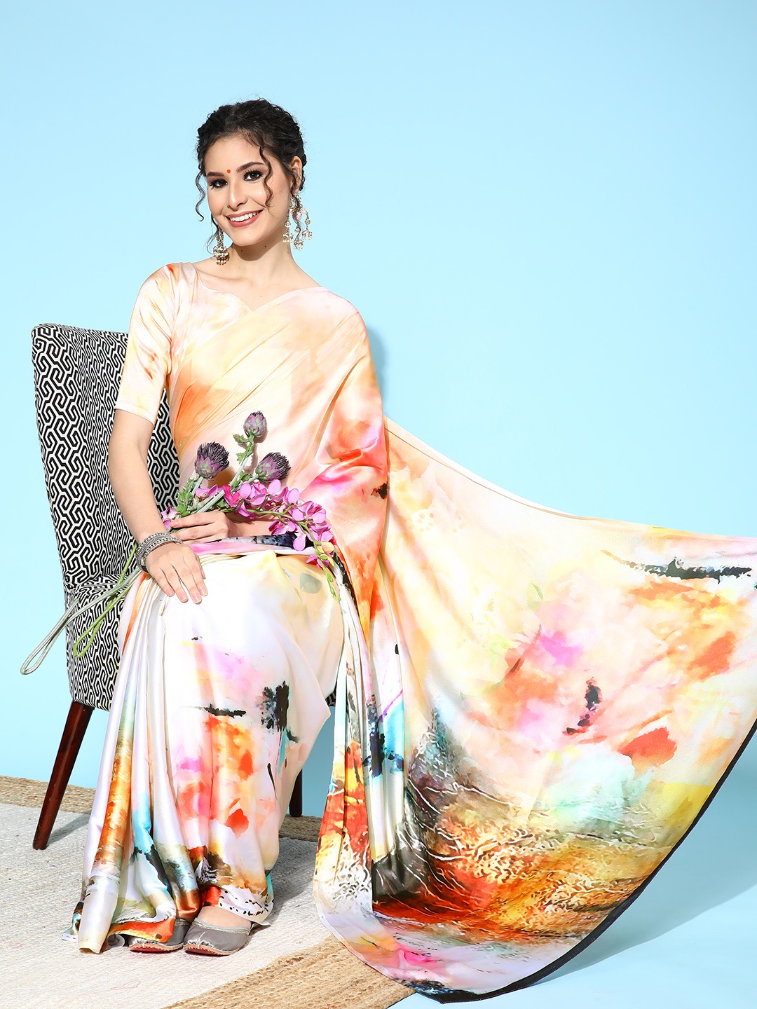 

Saree mall Abstract Saree with Solid Border, Peach