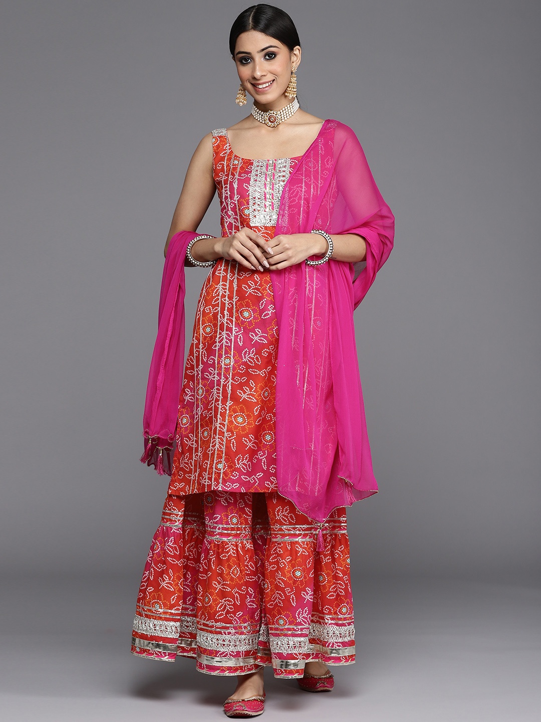 

KSUT Women Orange & Pink Ethnic Printed Pure Cotton Kurta with Sharara & With Dupatta