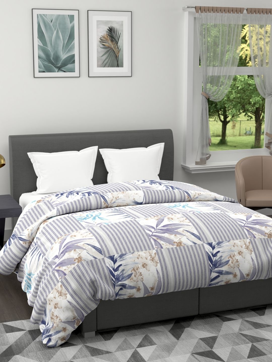 

BIANCA Blue & White Floral Microfiber AC Room 120 GSM Double Bed Quilt