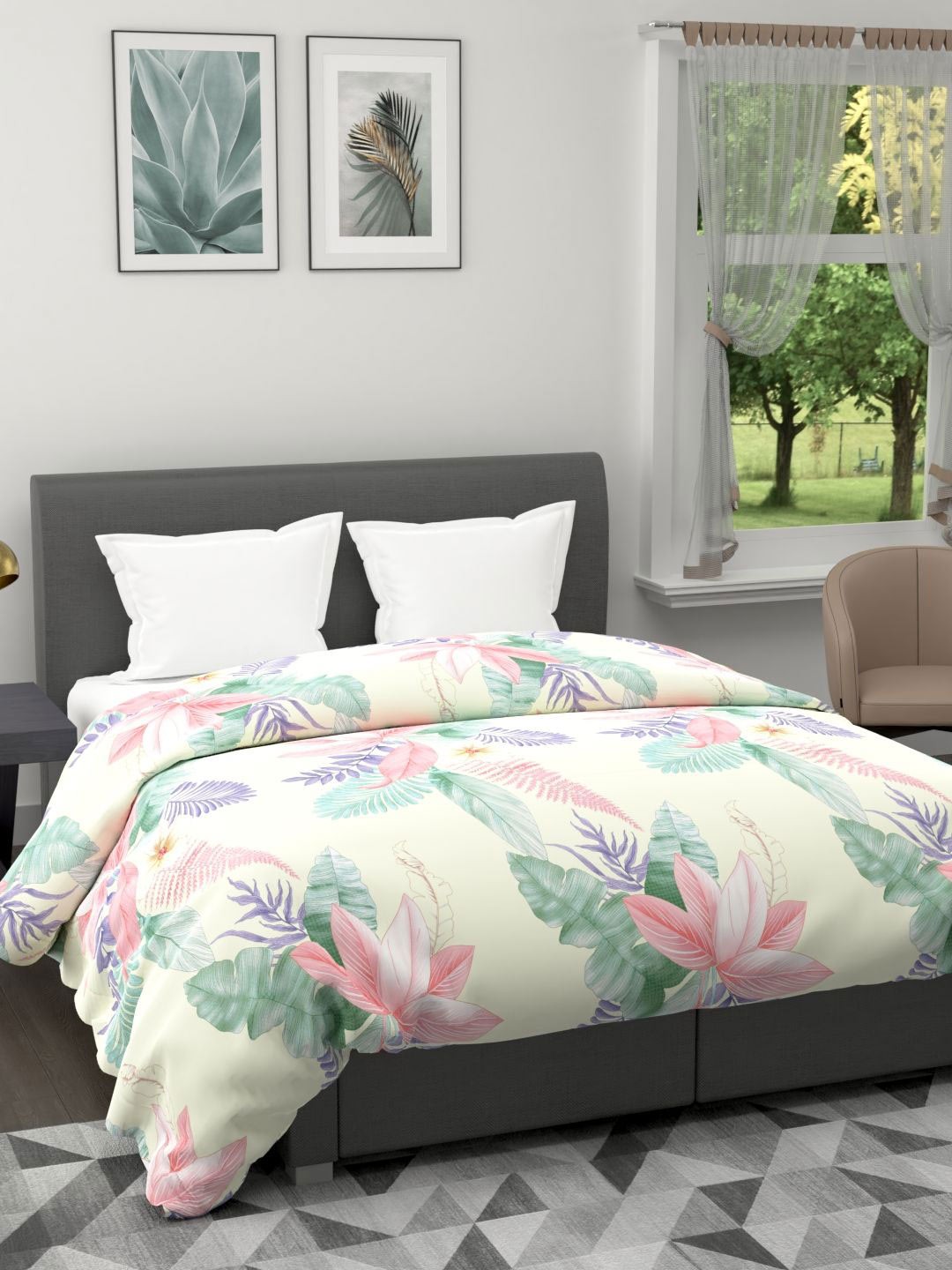 

BIANCA Beige & Pink Floral Microfiber AC Room 120 GSM Double Bed Quilt