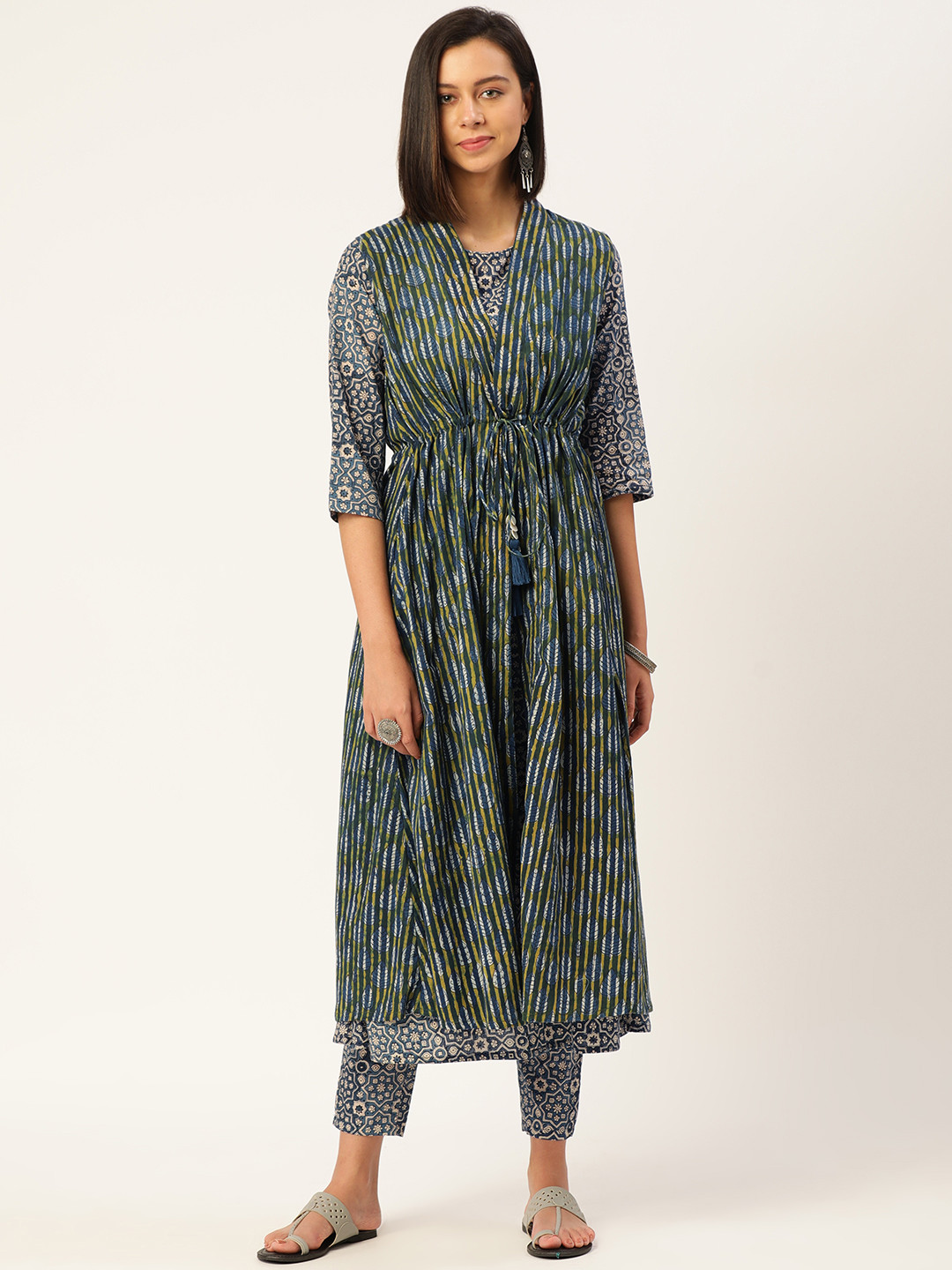 

Saanjh Women Blue Floral Printed Layered Pure Cotton Kurta with Trousers & Shrug