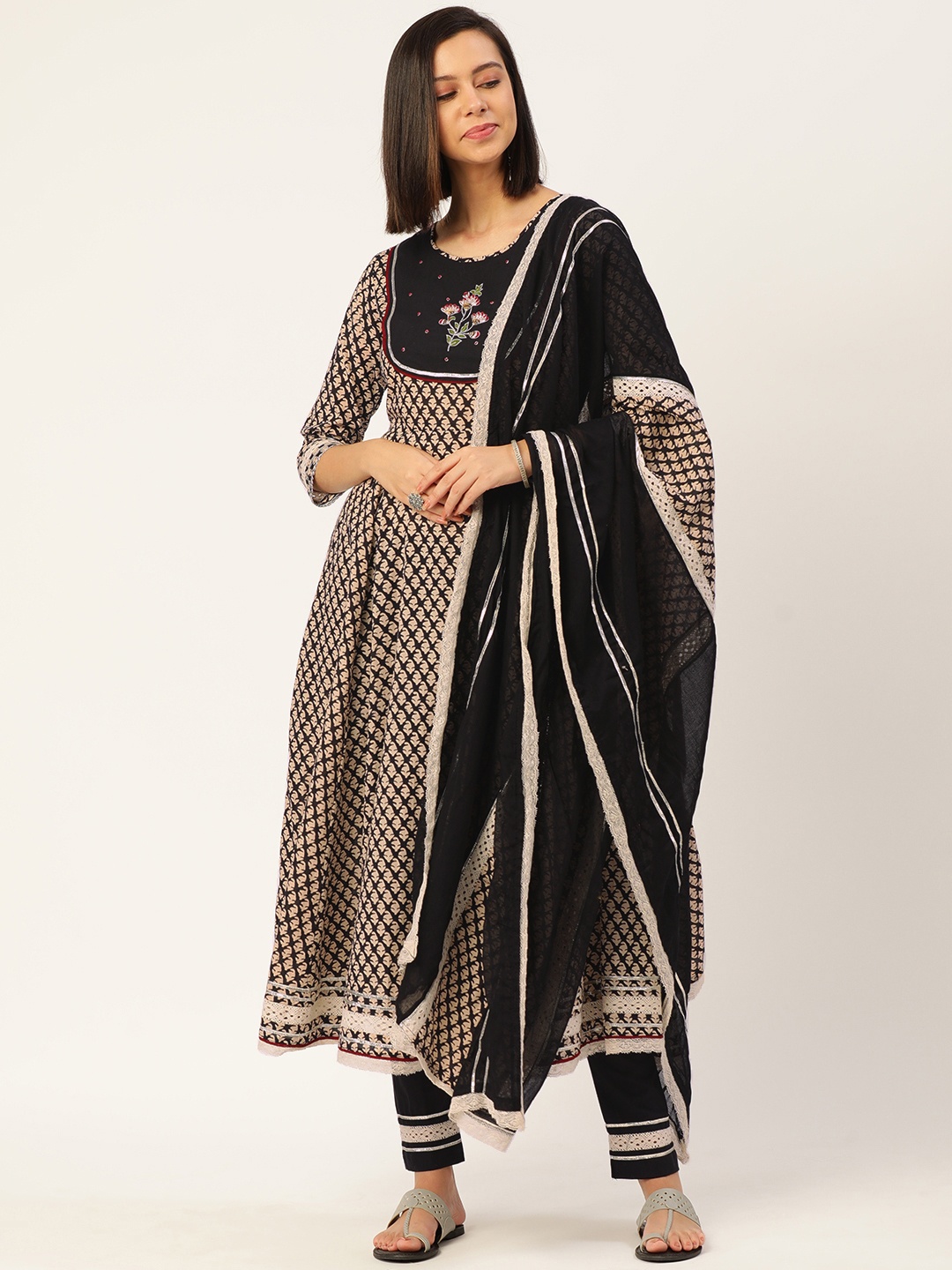 

Saanjh Women Black Ethnic Motifs Printed Empire Thread Work Pure Cotton Kurta with Trousers & With Dupatta