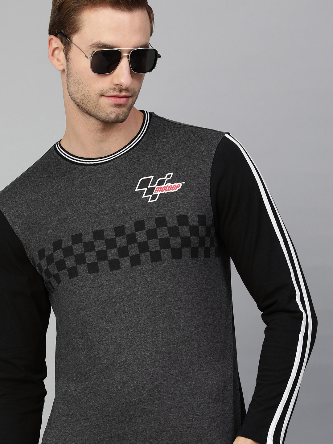 

MotoGP Men Charcoal Grey & Black Printed Full Sleeve T-shirt