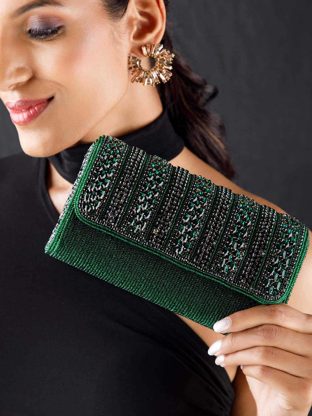 

Rubans Green Embellished Box Clutch