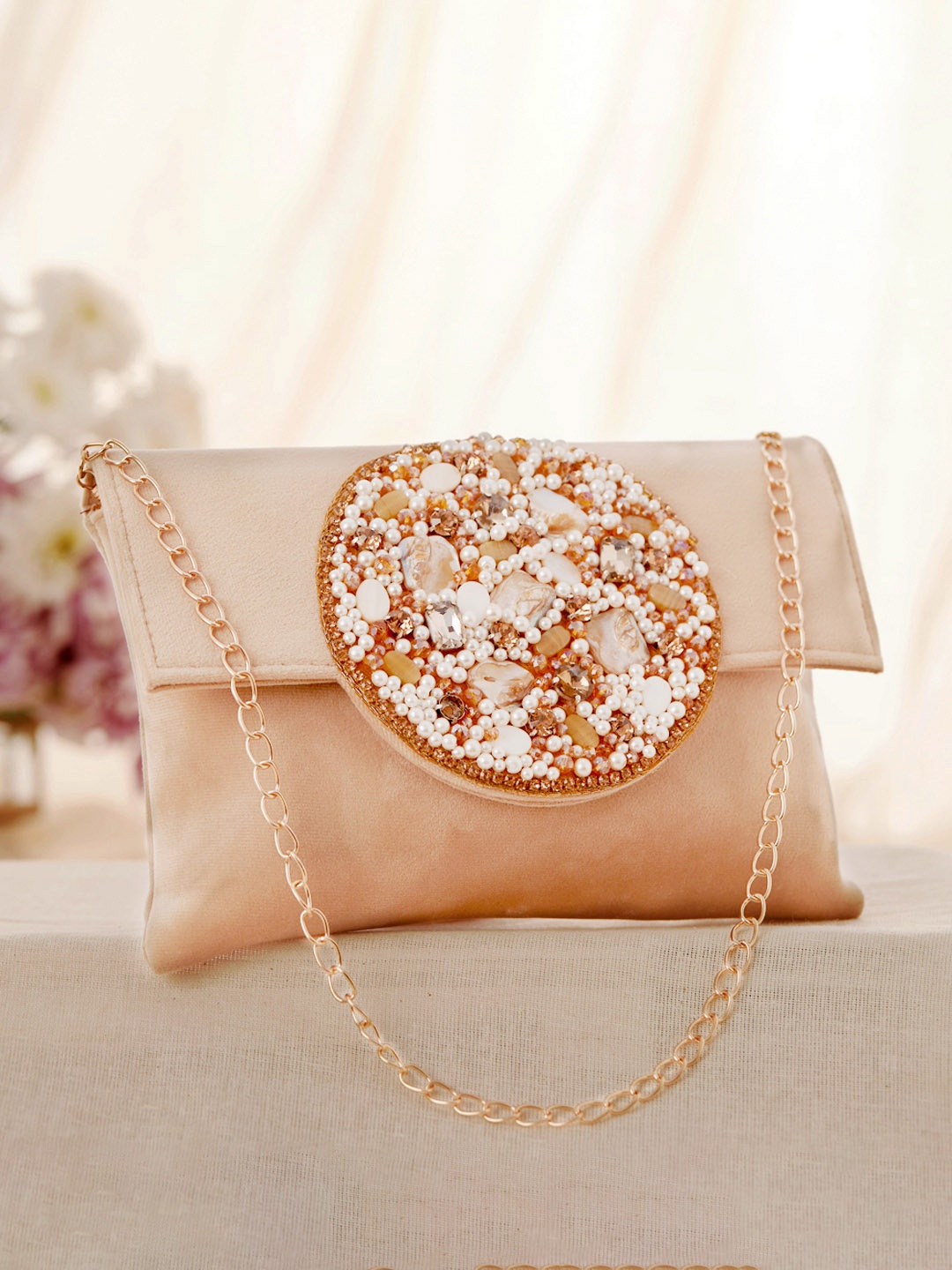 

Rubans Off White & Brown Embellished Embroidered Purse Clutch