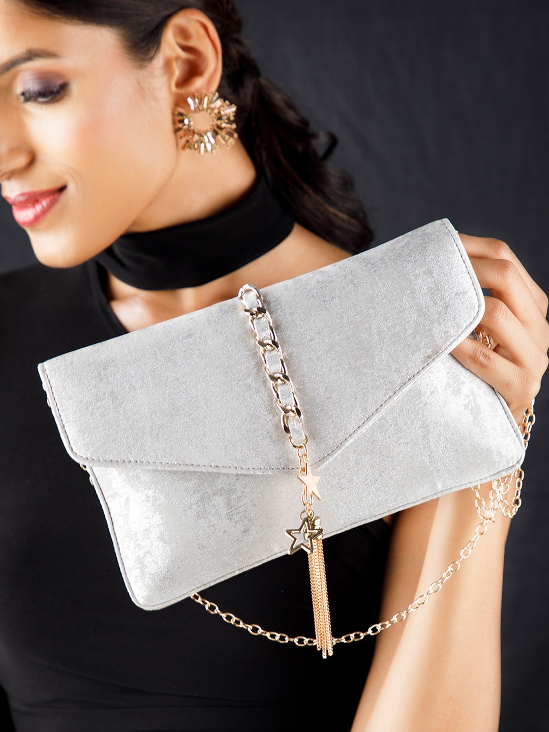 

Rubans Silver-Toned & Gold-Toned Textured Purse Clutch