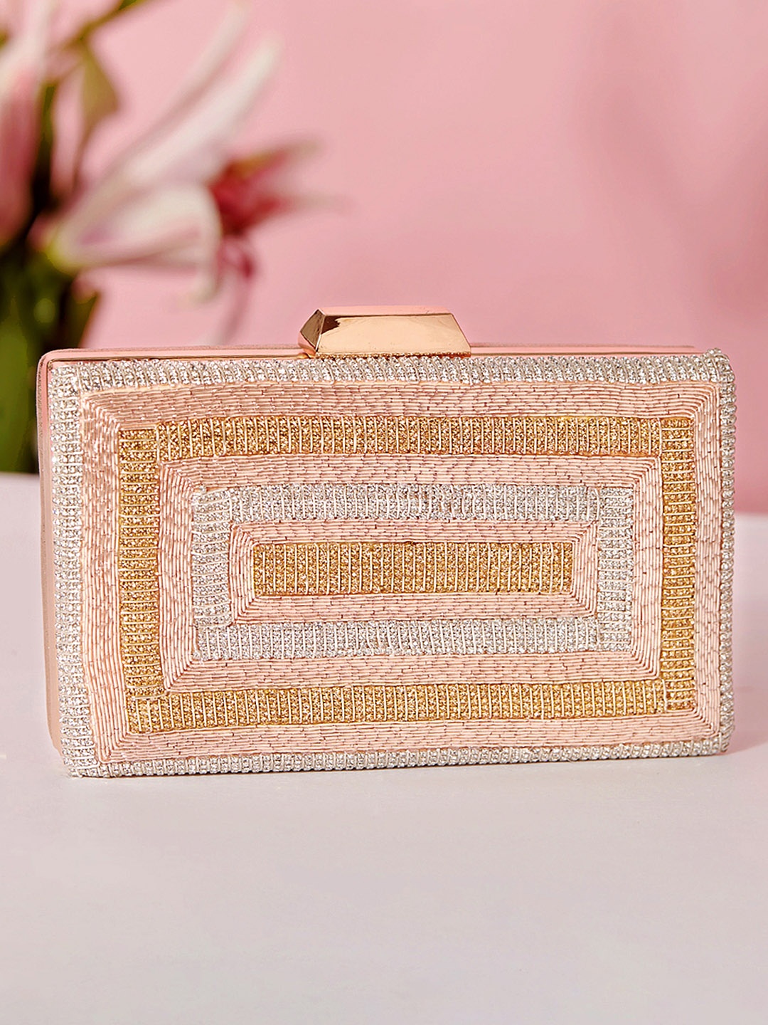

Rubans Peach-Coloured & Silver-Toned Embellished Embroidered Box Clutch