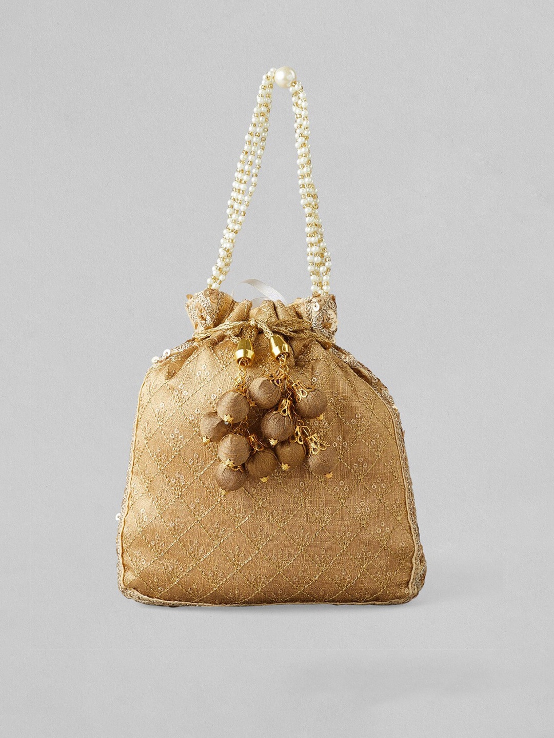 

Rubans Gold-Toned & Khaki Embroidered Potli Clutch