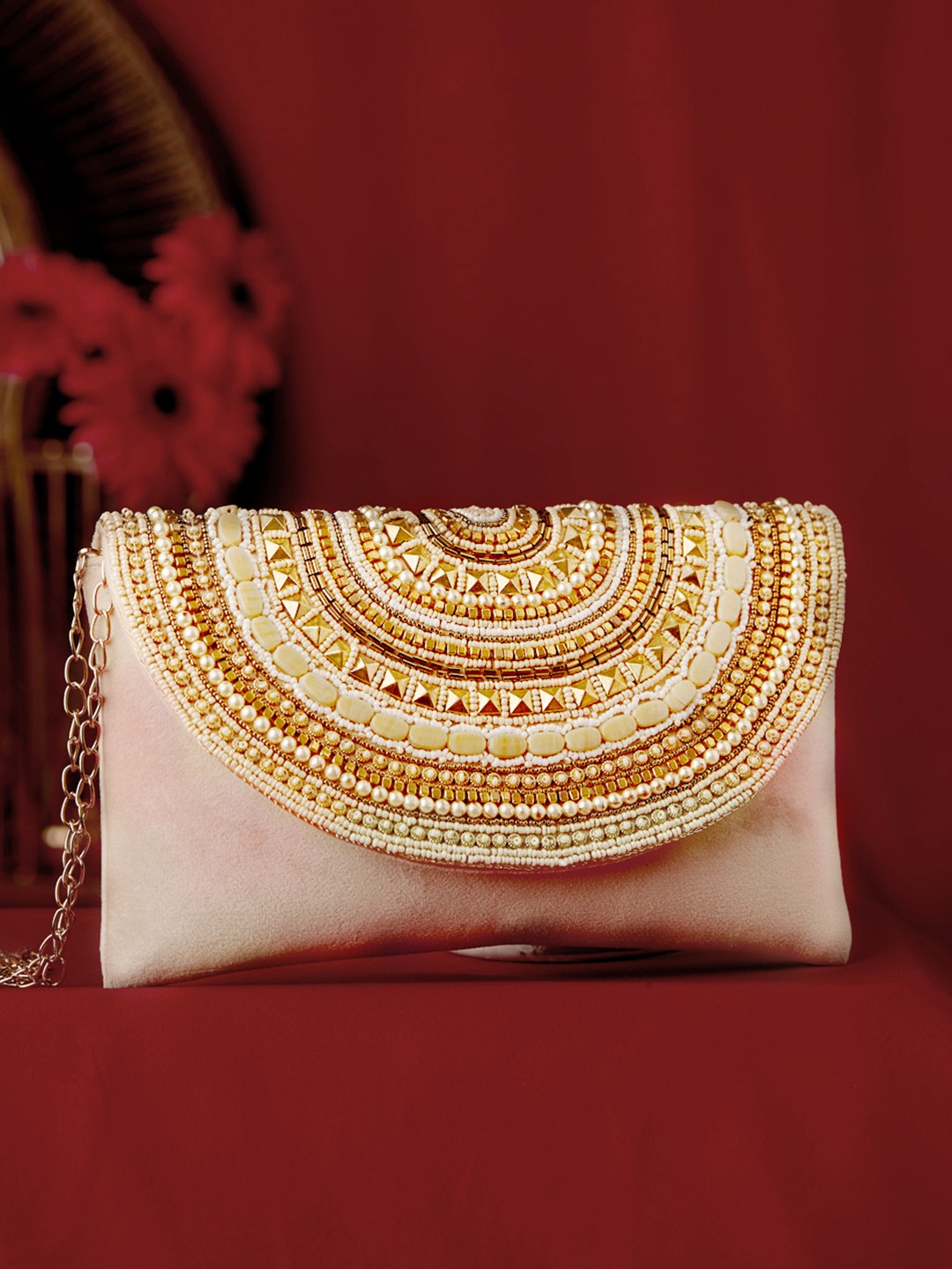 

Rubans Peach-Coloured & White Embellished Embroidered Purse Clutch