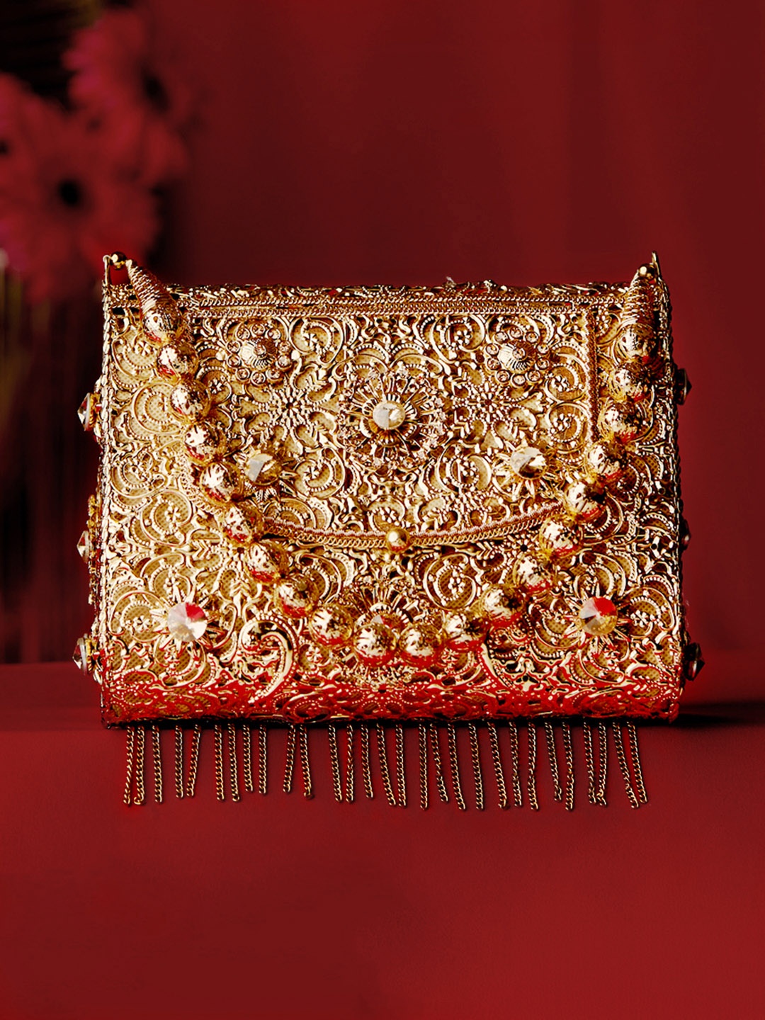 

Rubans Golden Filigree Handcrafted Clutch Bag with Embellished Handle, Gold