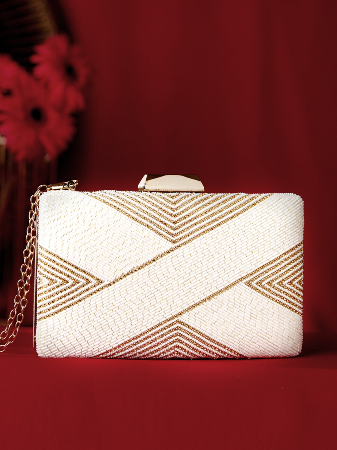 

Rubans White & Gold-Toned Embellished Embroidered Box Clutch