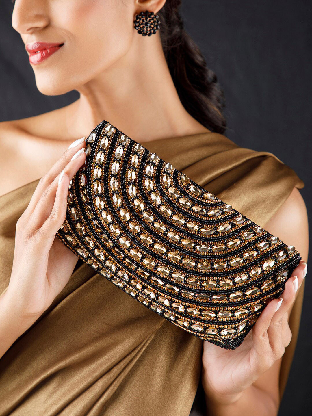 

Rubans Black & Gold-Toned Embellished Embroidered Purse Clutch