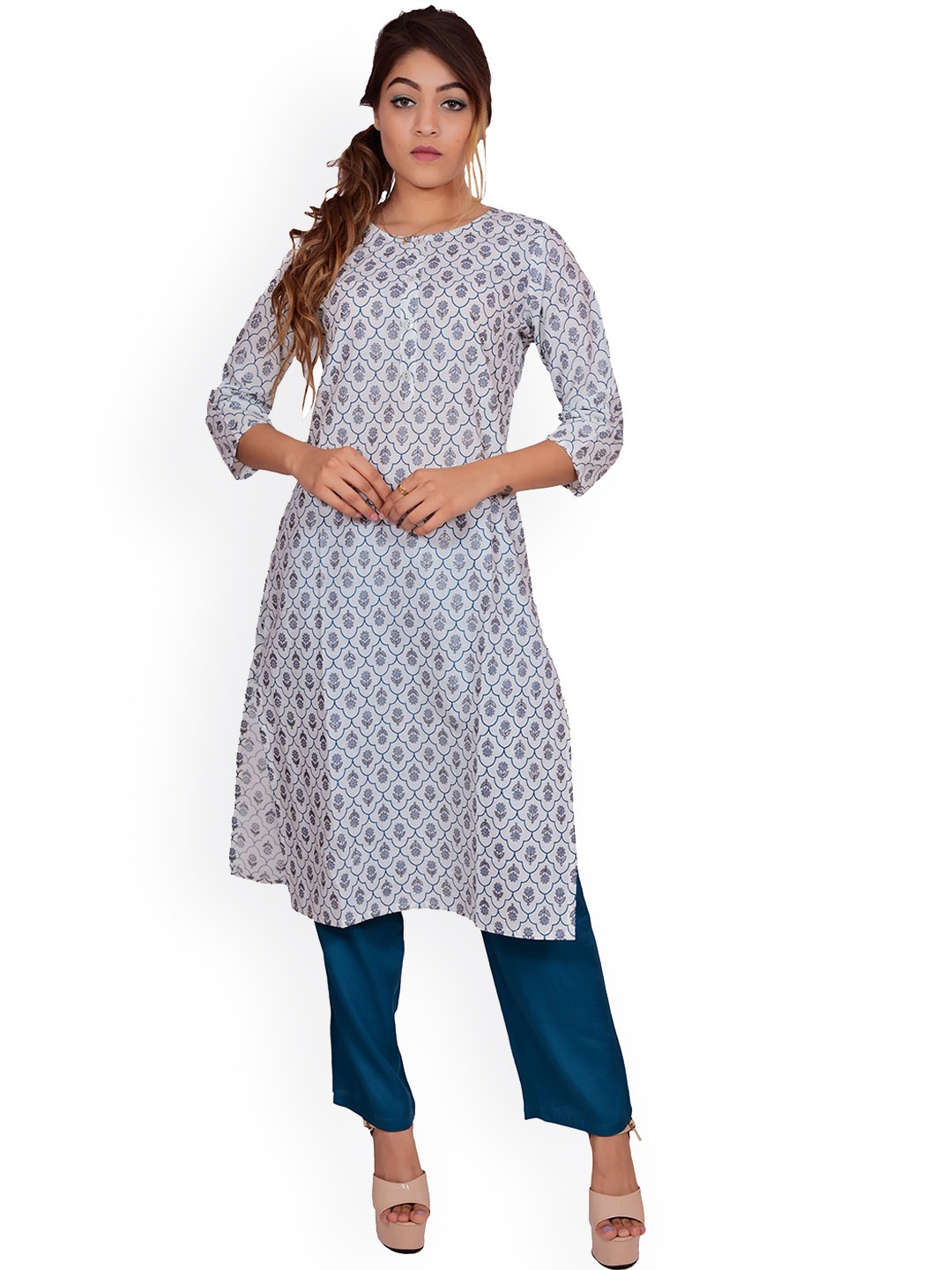 

SKY SHOPPIE Women White Ethnic Motifs Printed Pure Cotton Kurta With Pant Set