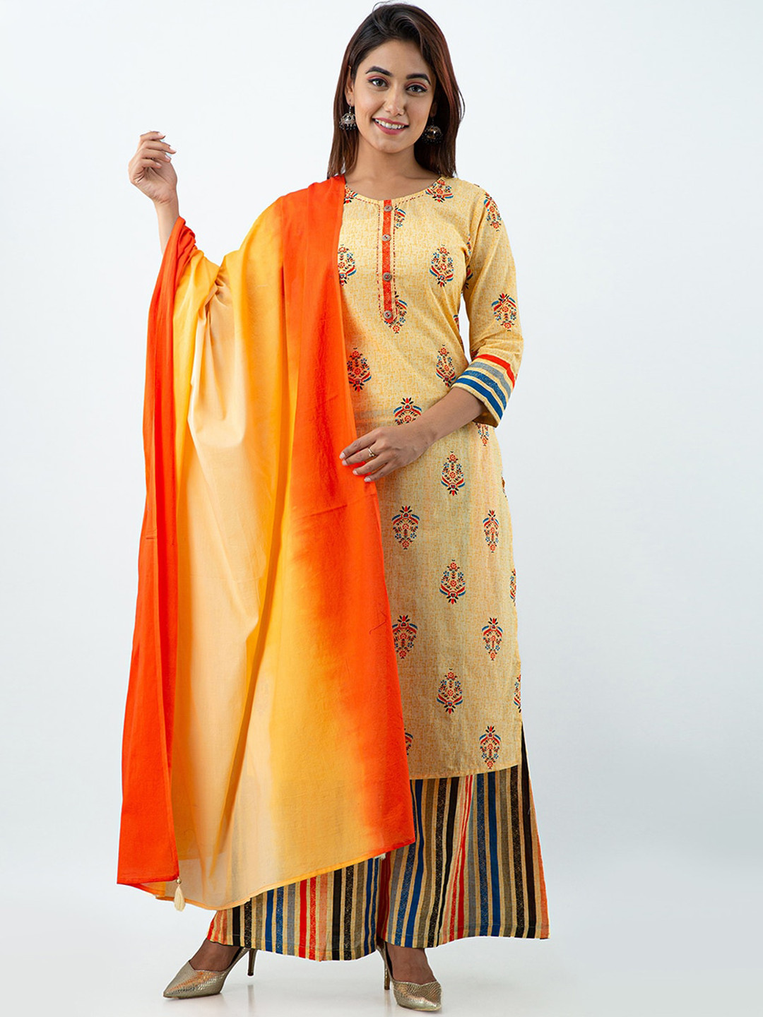 

SKY SHOPPIE Women Yellow Ethnic Motifs Printed Pure Cotton Kurta with Palazzos & With Dupatta