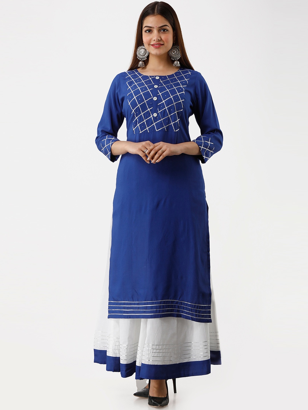 

SKY SHOPPIE Women Blue Geometric Yoke Design Gotta Patti Rayon Straight Kurta with Skirt