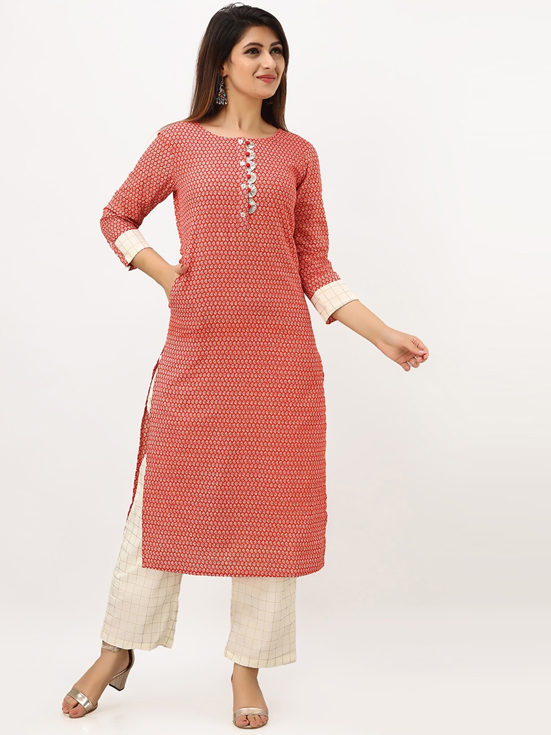 

SKY SHOPPIE Red Floral Printed Pure Cotton Kurti with Pant set