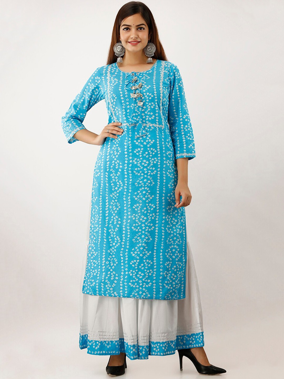 

SKY SHOPPIE Women Blue Ethnic Motifs Printed Gotta Patti Pure Cotton Kurta with Skirt