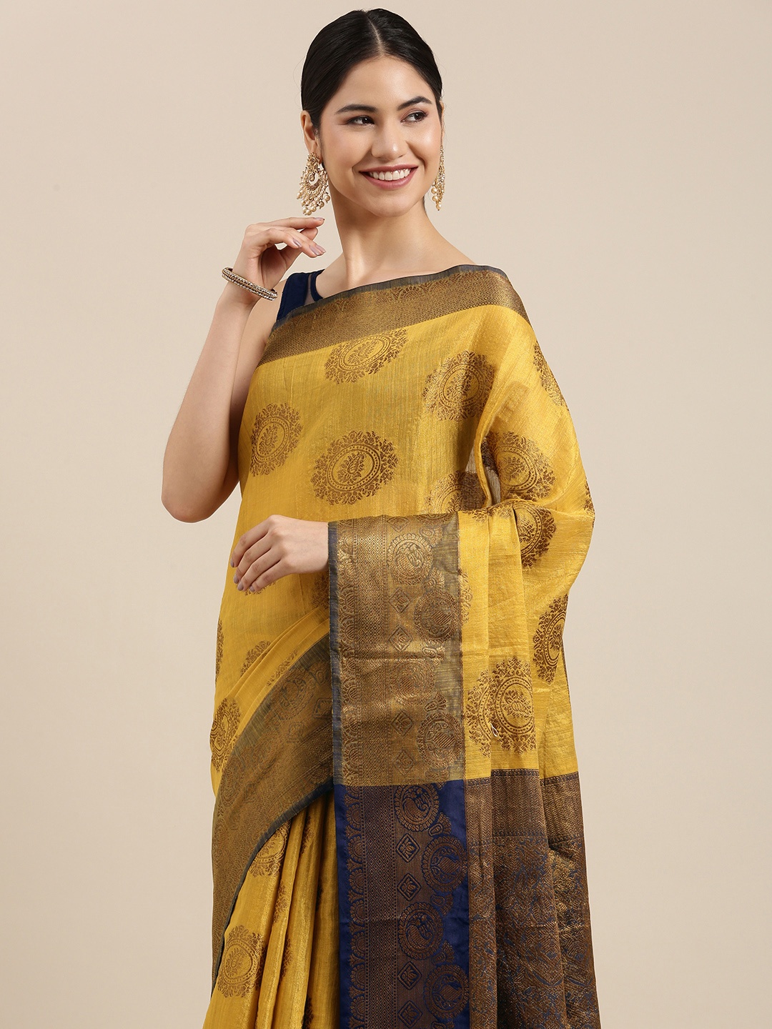 

PERFECTBLUE Yellow & Brown Ethnic Motifs Woven Design Kanjeevaram Saree