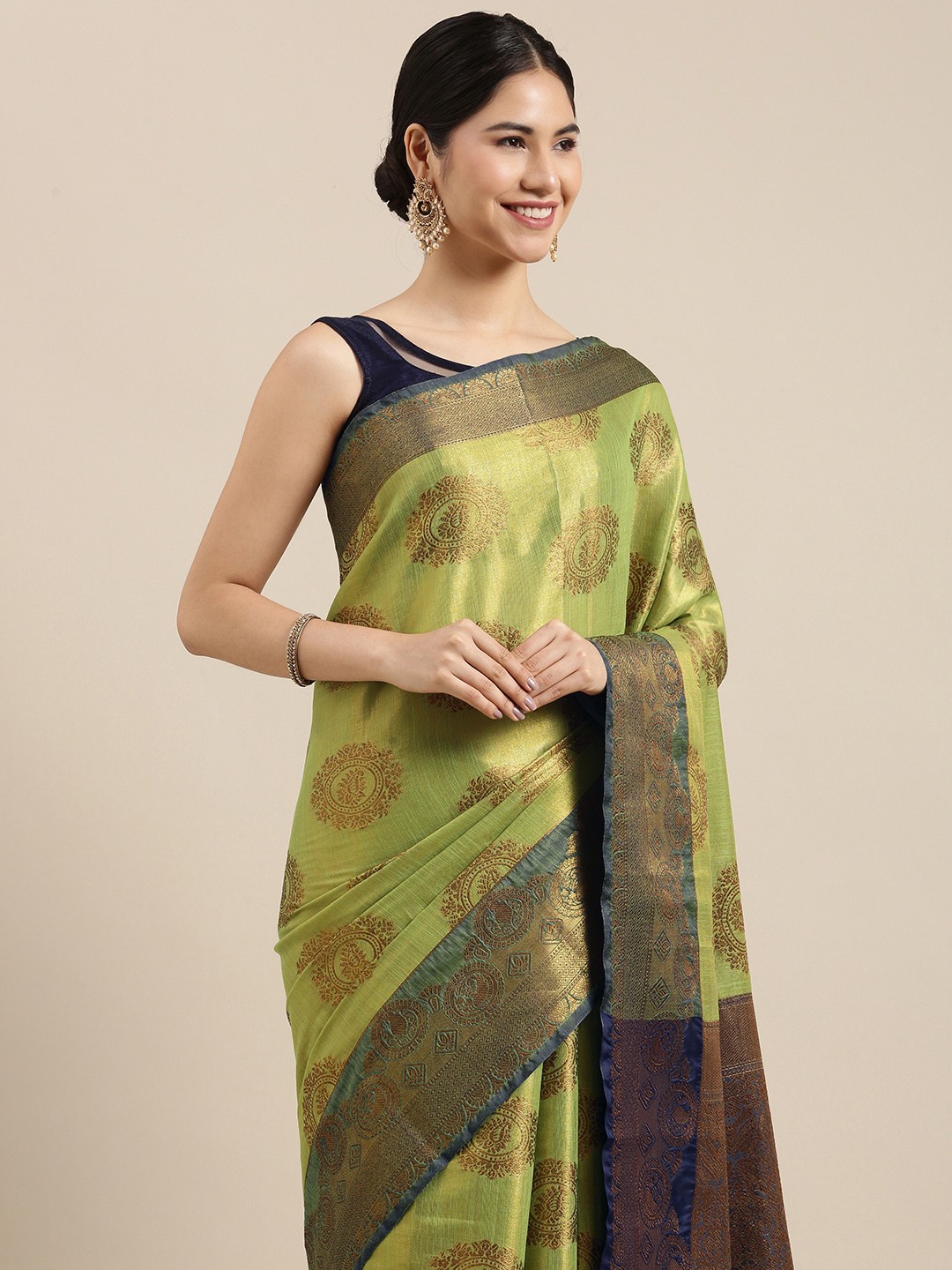 

PERFECTBLUE Green & Blue Ethnic Motifs Woven Design Kanjeevaram Saree