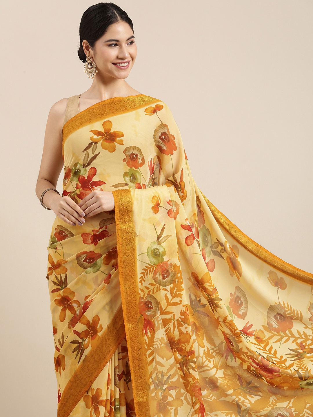 

PERFECTBLUE Yellow & Rust Red Floral Printed Saree