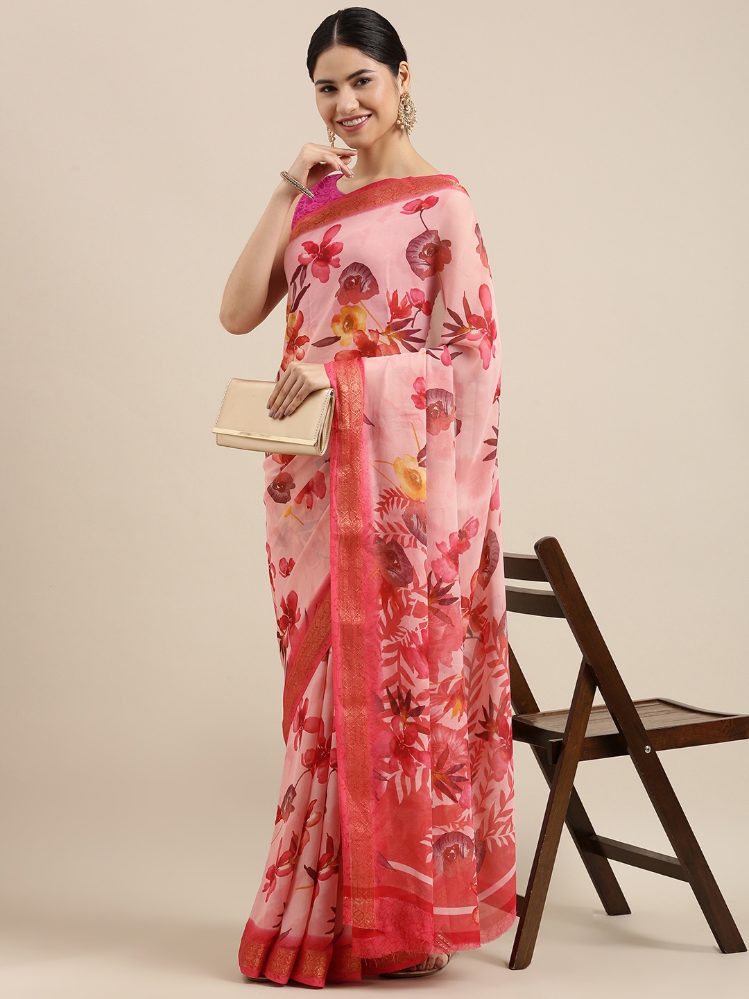 

PERFECTBLUE Pink & Yellow Floral Printed Saree