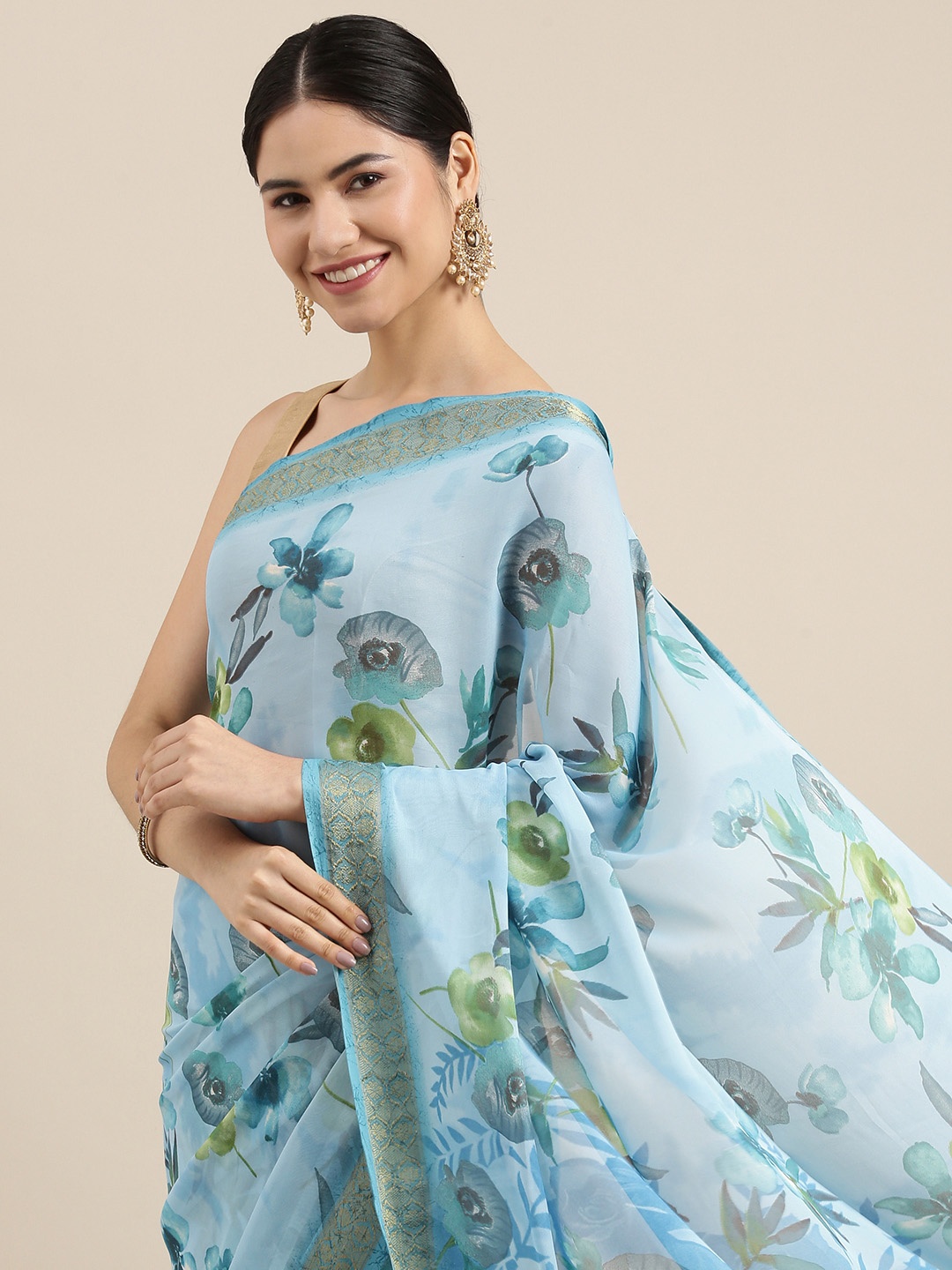 

PERFECTBLUE Blue & Green Floral Printed Saree