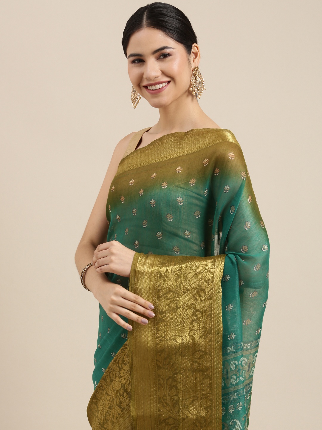 

PERFECTBLUE Green & Brown Floral Woven Design Saree