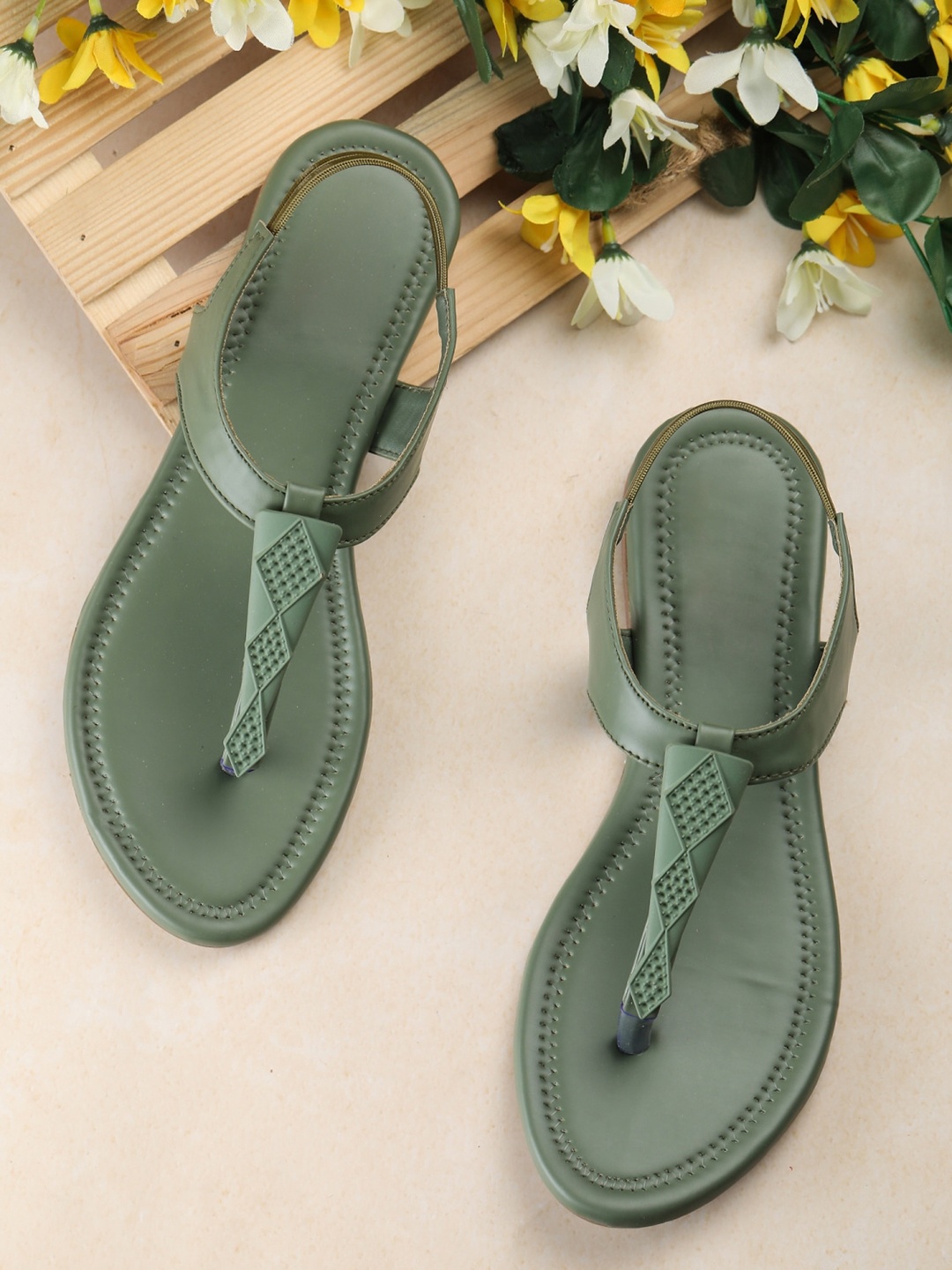 

Myra Women Green Textured T-Strap Flats