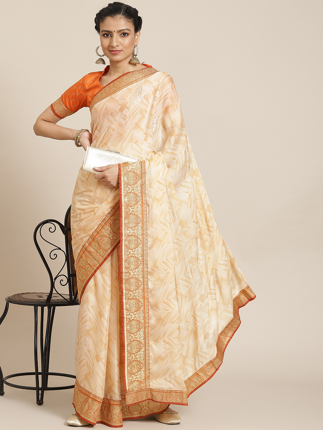 

Satrani Cream-Coloured & Orange Printed Saree