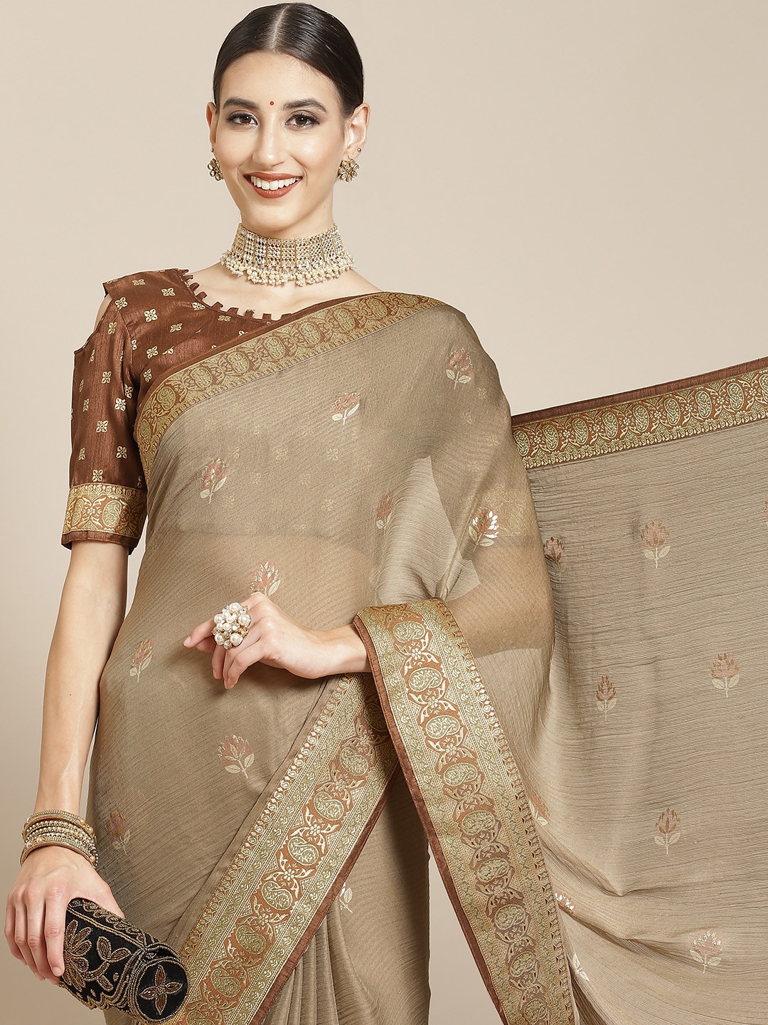 

Satrani Taupe & Brown Woven Design Zari Fusion Kanjeevaram Saree