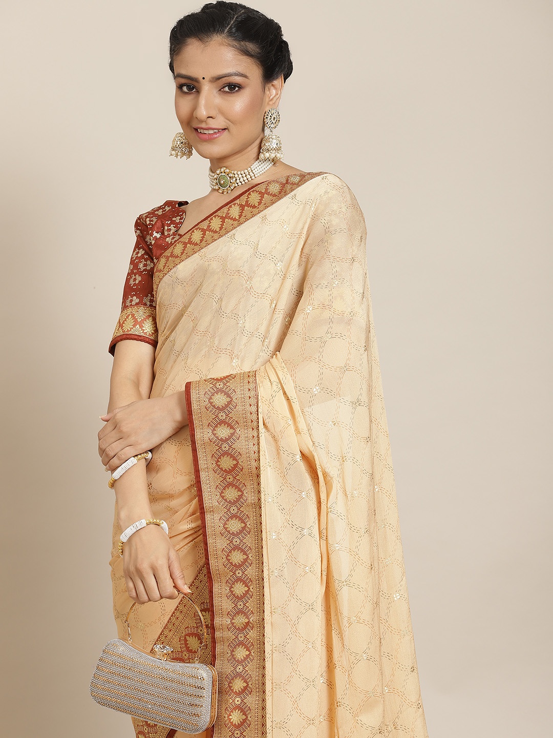 

Satrani Cream-Coloured & Brown Woven Design Saree