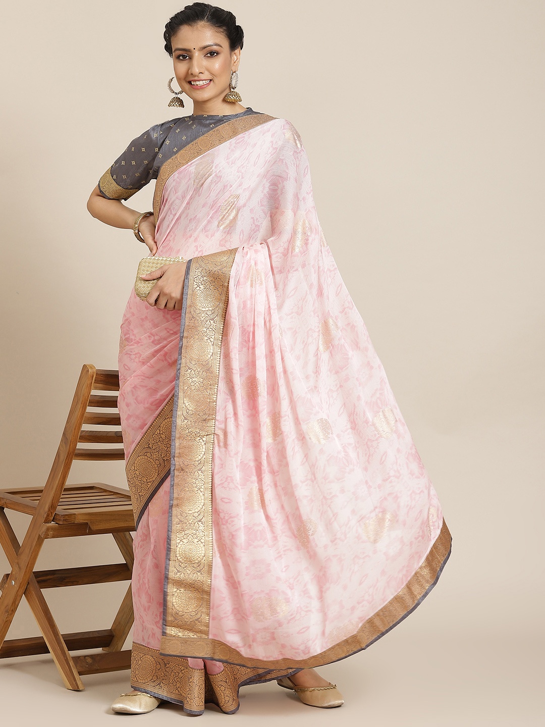 

Satrani Rose & Grey Woven Design Zari Saree