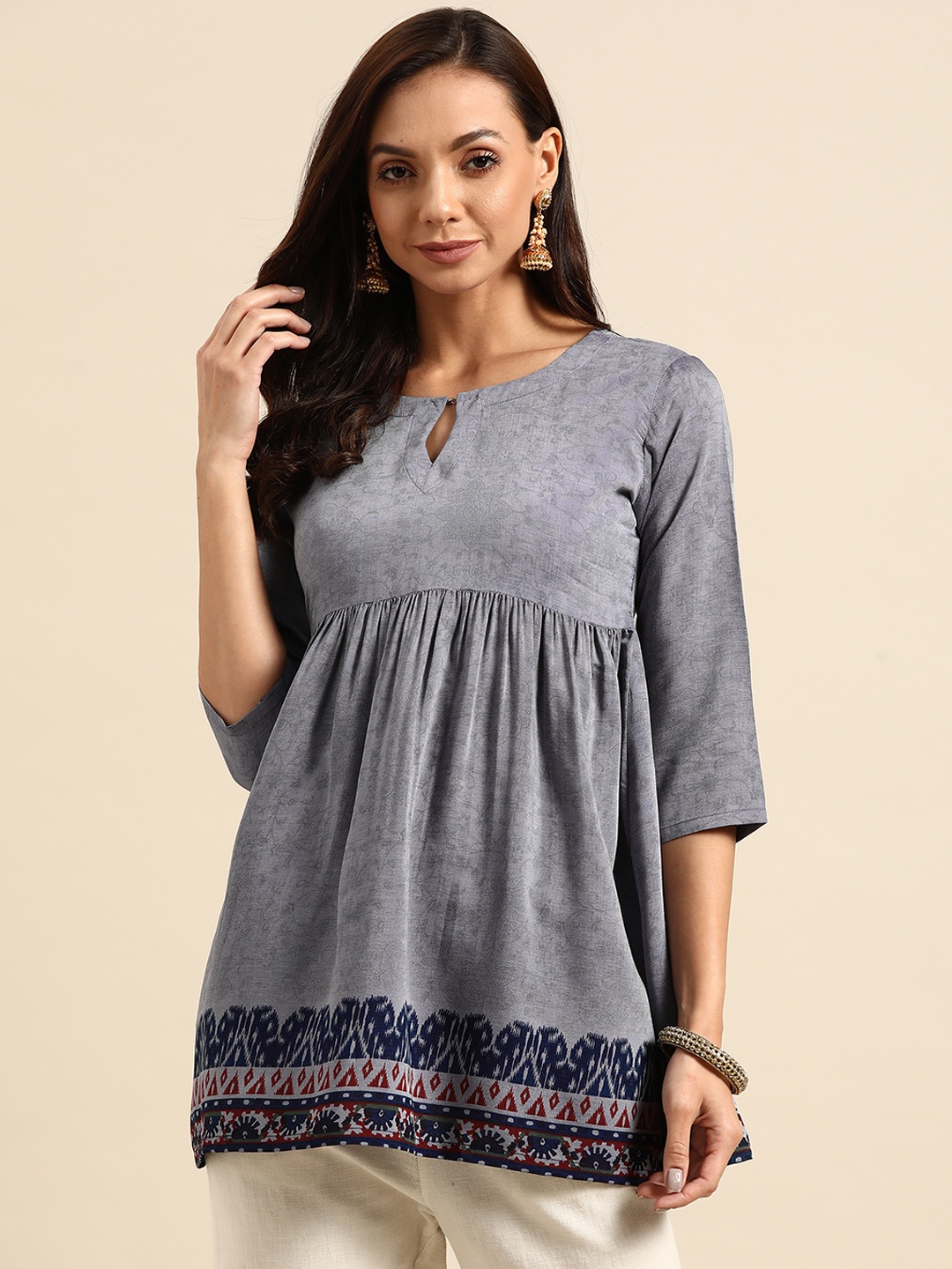

Gerua By Libas Women Grey Navy Blue Ethnic Motifs Printed Pleated Kurti