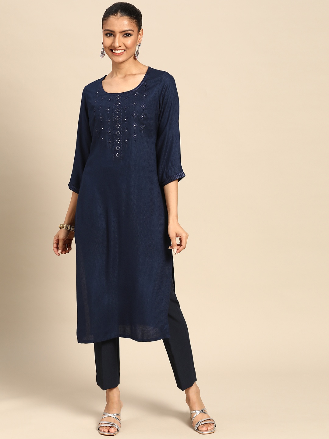 

Gerua By Libas Women Navy Blue Ethnic Motifs Yoke Design Mirror Work Kurta